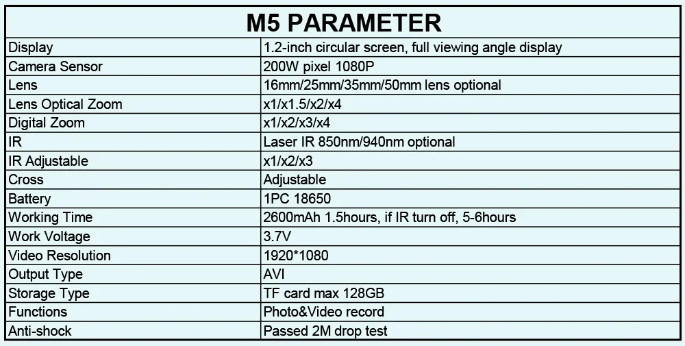 Megaorei M5 Infrared Night Vision Scope Monocular 1080p HD Hunting Camera Parameters